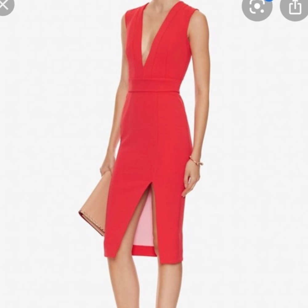NICHOLAS Coral Red V Neck Midi Dress with Slit Size 4